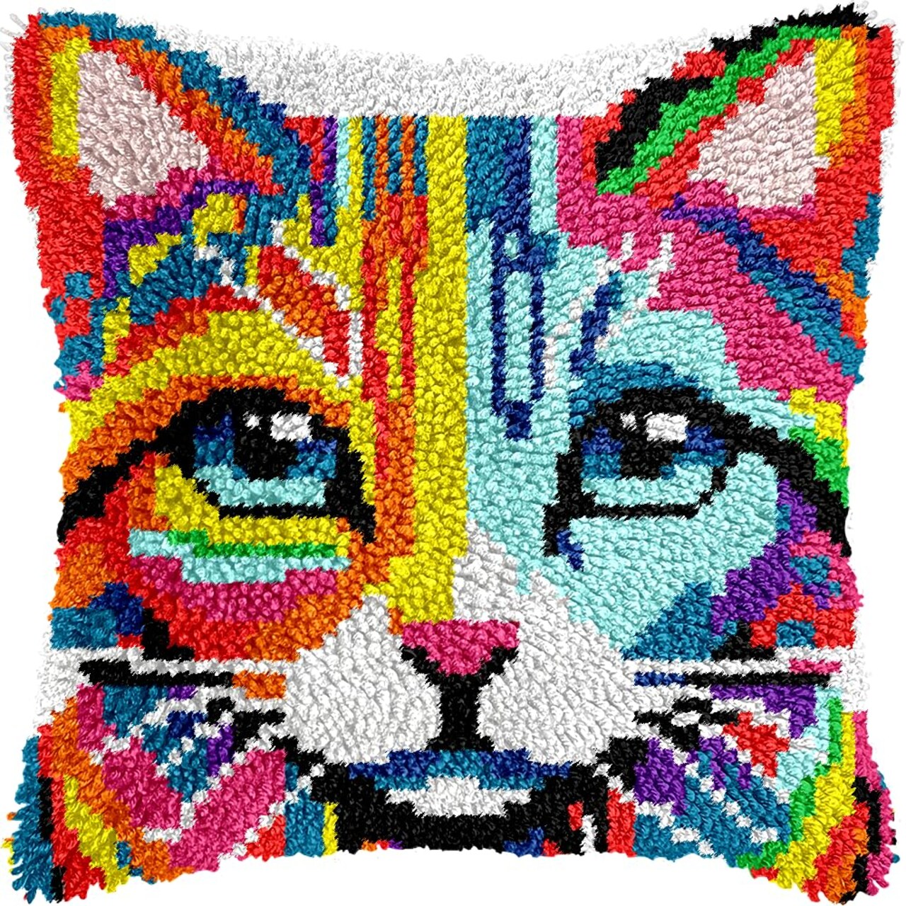 Colorful Cat Latch Hook Kits for Adults Beginners, Cute Animals Latch Hook Pillow Kit Pre-Printed Latch Hook Rug Kits Cross-Stitch Embroidery Cushion for Home Sofa Decoration 17x17 in.